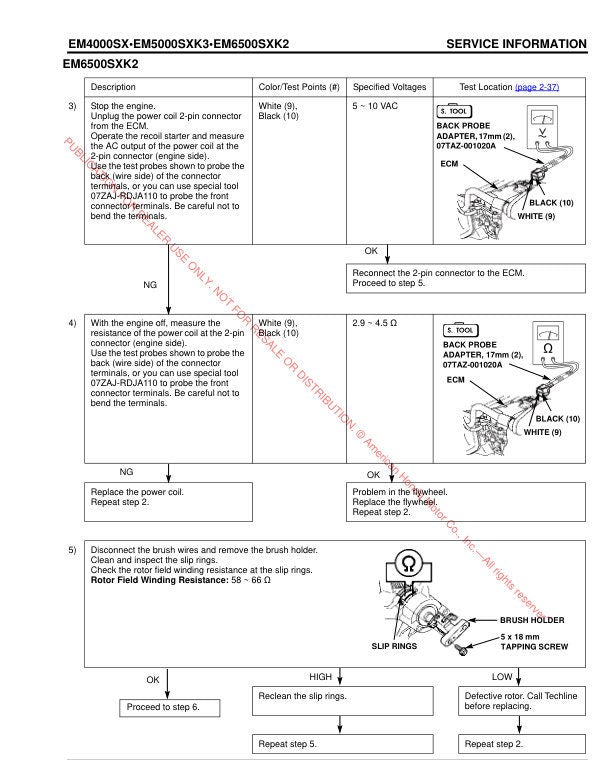 Honda EM4000 EM5000 EM6500 Generator Service Manual sample page showing repair procedures