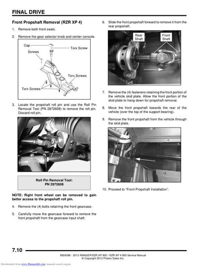 Polaris RZR 900 EPS XP XP4 UTV Service Manual sample page with service data and tables
