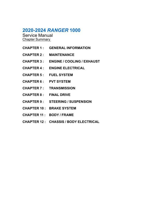 Polaris Ranger 1000 UTV Service Manual table of contents