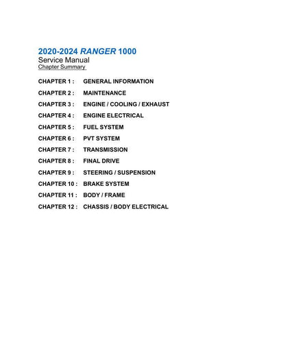 Polaris Ranger 1000 UTV Service Manual table of contents