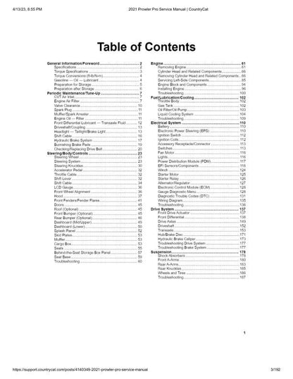 Arctic Cat Prowler Pro UTV Service Manual table of contents