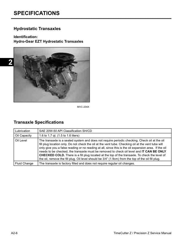 Toro Lawnboy Timecutter Z Series Precision Mower Service Manual sample page with diagrams and specifications