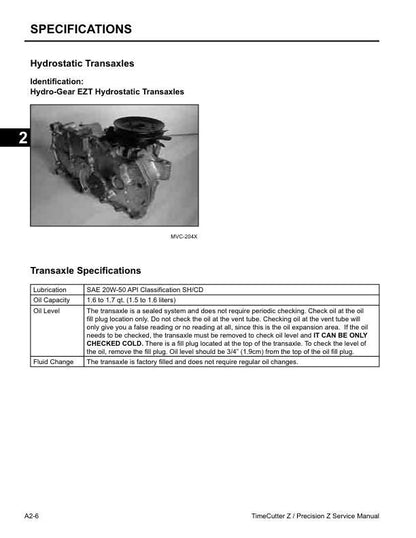 Toro Lawnboy Timecutter Z Series Precision Mower Service Manual sample page with diagrams and specifications