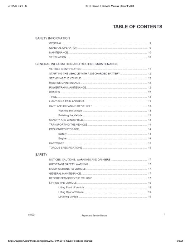 Arctic Cat Havoc X UTV Service Manual table of contents