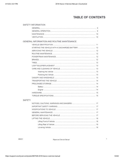 Arctic Cat Havoc X UTV Service Manual table of contents