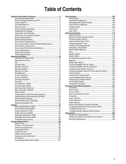 Arctic Cat Thundercat Riot Pantera ZR 7000 9000 Snowmobile Service table of contents