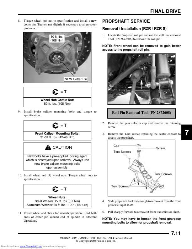 Polaris RZR 800 RZR-S RZR-4 UTV Service Manual sample page with service data and tables