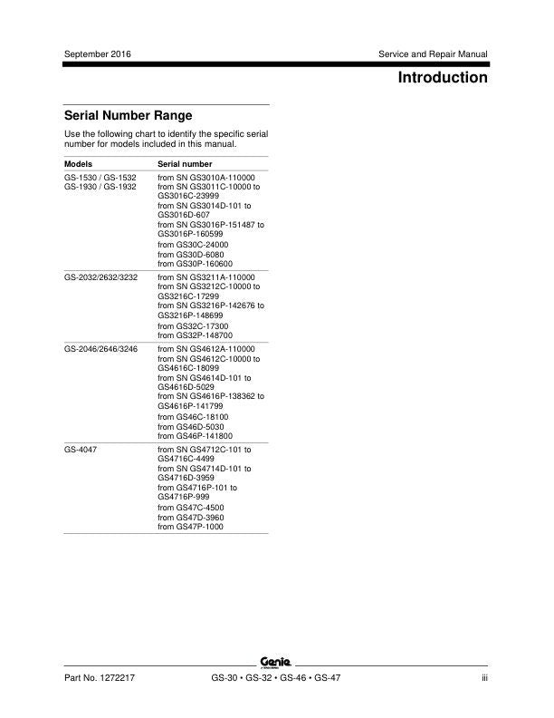 Genie  GS 1530-4047 Scissor Lift Service Manual table of contents