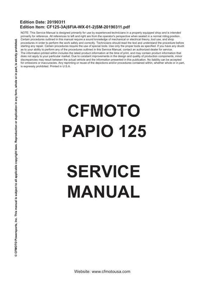CFMOTO PAPIO 125 Service Manual factory service manual title page