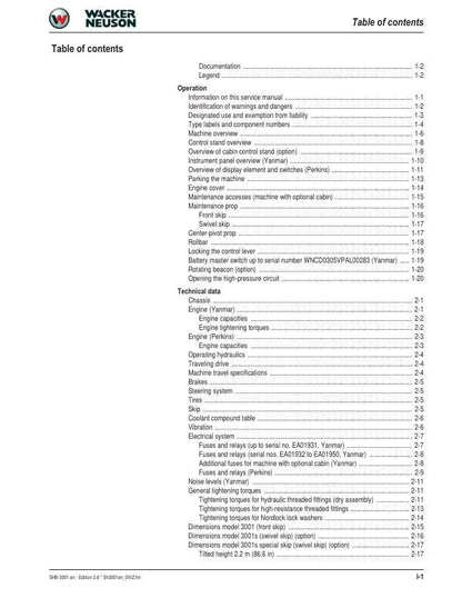 Wacker Neuson 3001 Dumper Service Manual table of contents