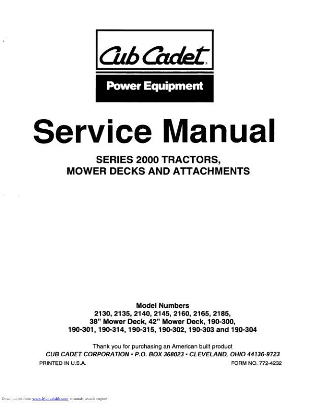 Cub Cadet 2000 Mower Service Manual factory service manual title page