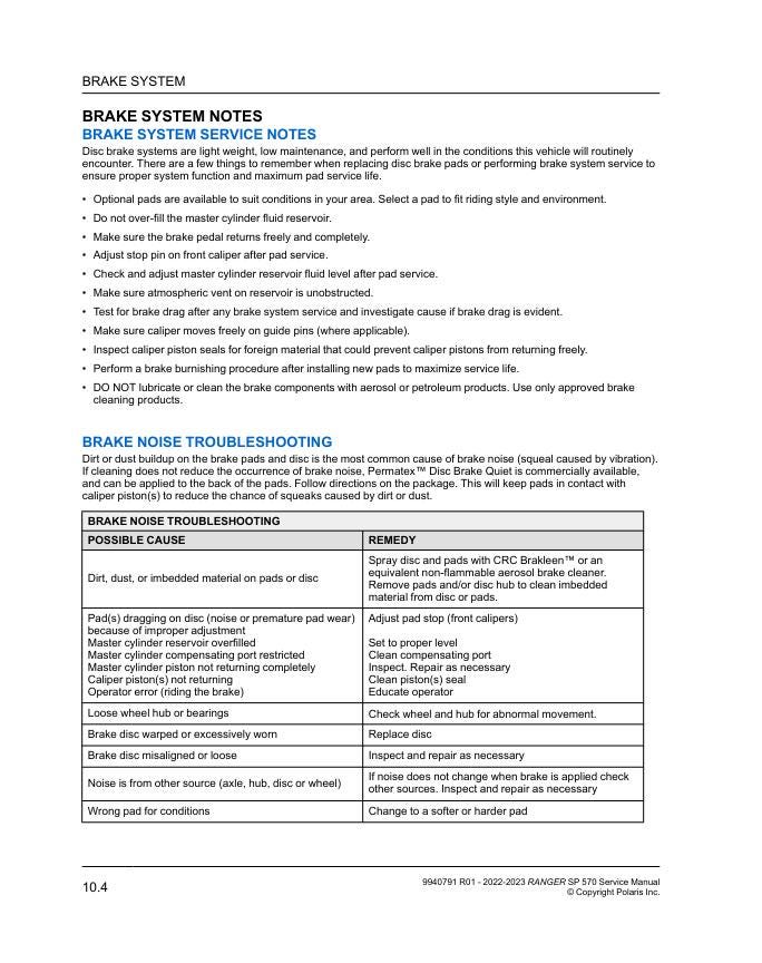 Polaris Ranger SP 570 UTV Service Manual sample page with service data and tables