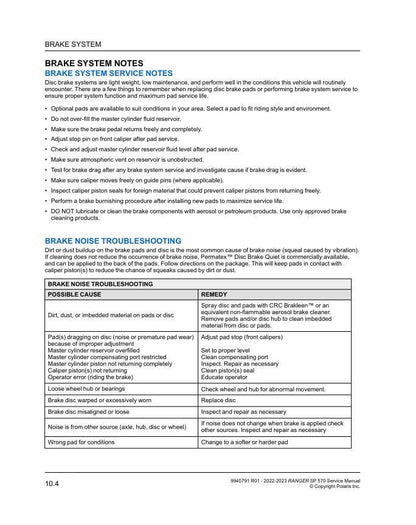 Polaris Ranger SP 570 UTV Service Manual sample page with service data and tables