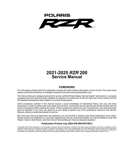 Polaris RZR 200 UTV Service Manual factory service manual title page