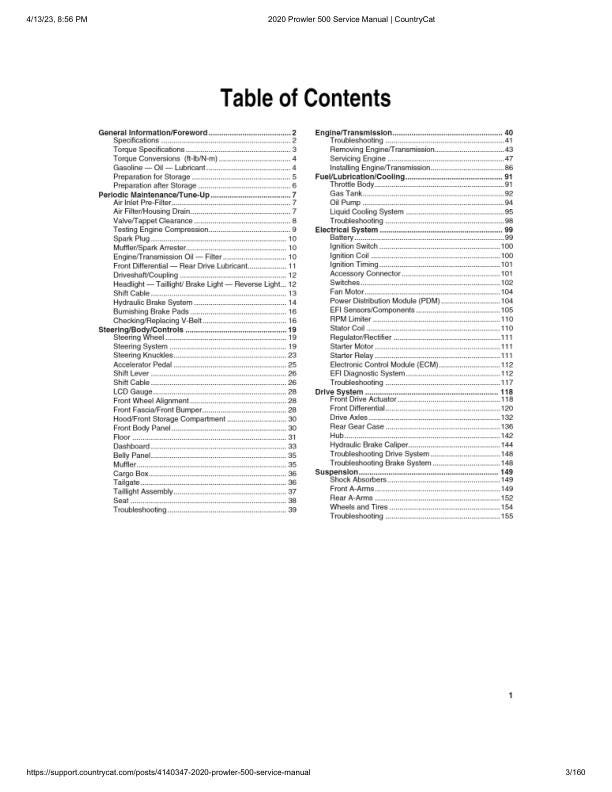 Arctic Cat Prowler 500 UTV Service Manual table of contents