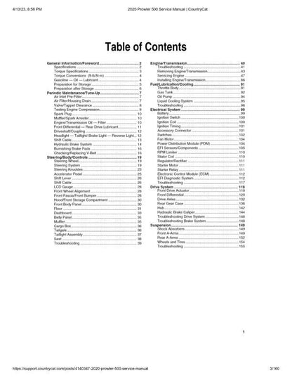 Arctic Cat Prowler 500 UTV Service Manual table of contents