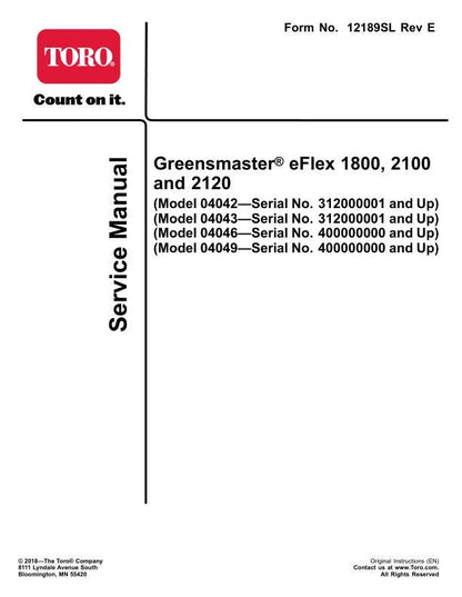 Toro Greensmaster eFlex 1800 2100 2120 Mower Service Manual factory service manual title page