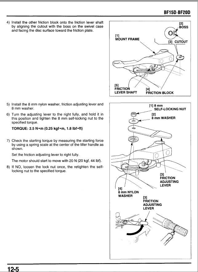 Honda BF15D BF20D Outboard Service Manual sample page with diagrams and specifications