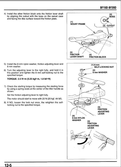 Honda BF15D BF20D Outboard Service Manual sample page with diagrams and specifications