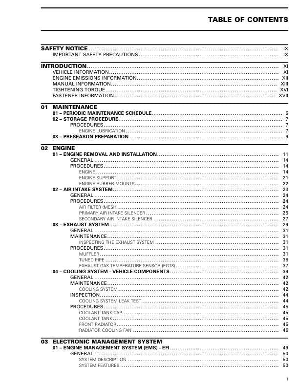 Skidoo Backcountry Snowmobile Service Manual table of contents
