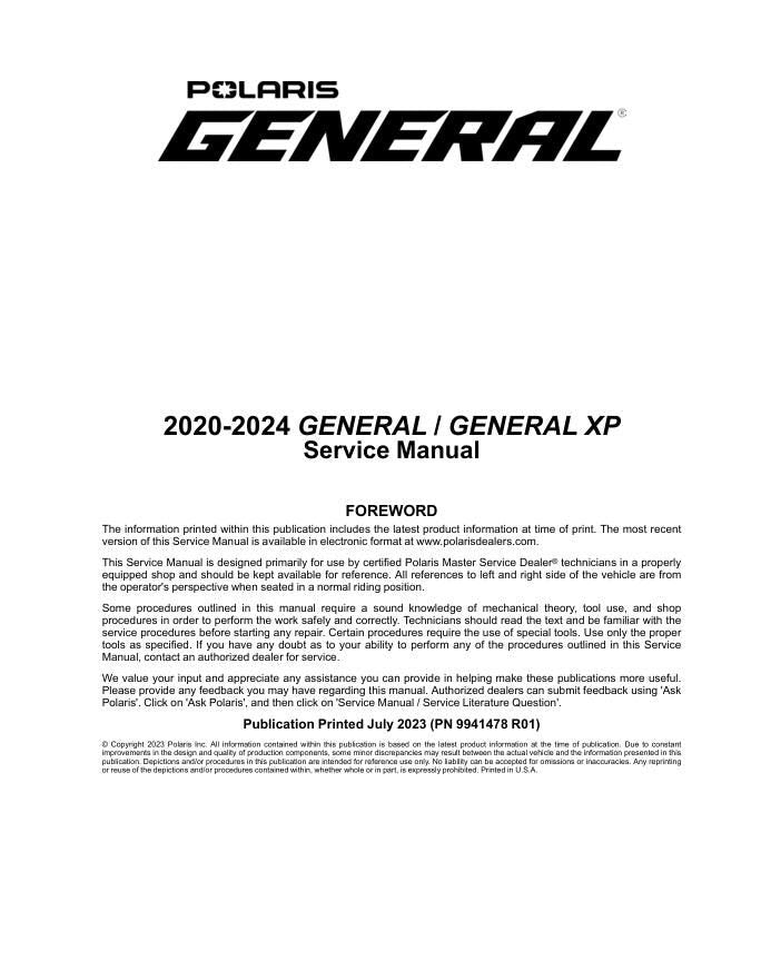 Polaris GENERAL XP XP4 UTV Service Manual factory service manual title page