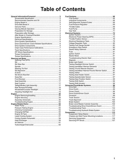 Arctic Cat Riot ZR 9000 Thundercat Snowmobile Service Manual table of contents