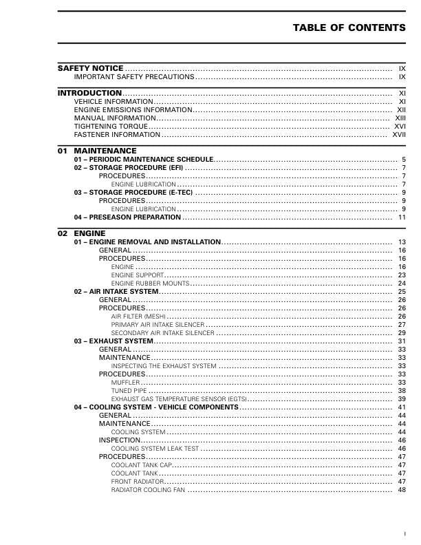 Skidoo MXZ 600 850 Snowmobile Service Manual table of contents