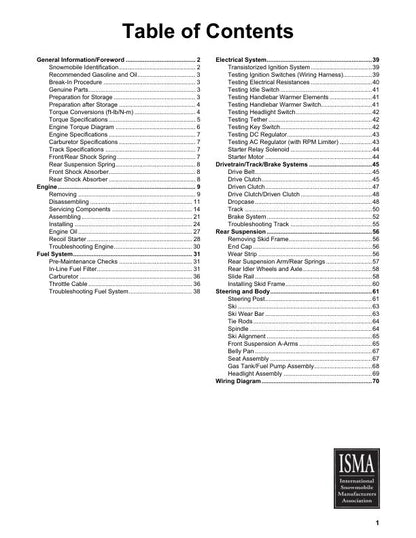 Arctic Cat ZR 200 Snowmobile Service Manual table of contents