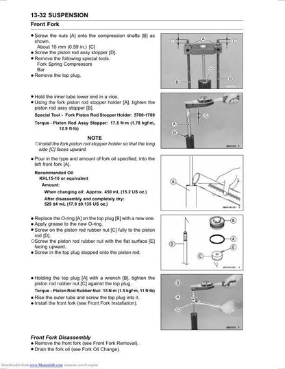 Kawasaki Z800 Motorcycle Service Manual sample page with service data and tables