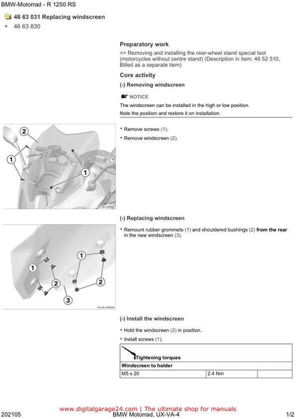 BMW R1250 RS K54 /11 Motorcycle Service Manual sample page with service data and tables