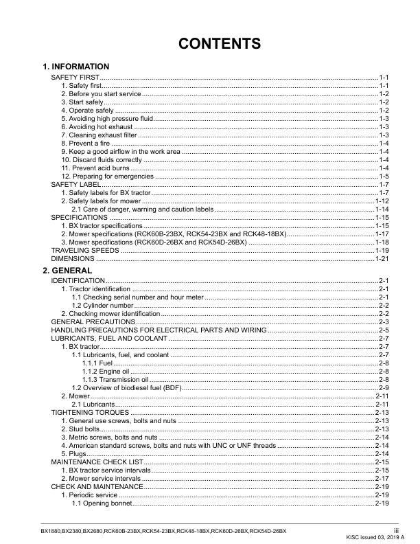 Kubota BX1880 BX2380 BX2680 Tractor Service Manual table of contents