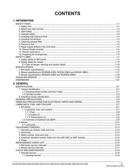 Kubota BX1880 BX2380 BX2680 Tractor Service Manual table of contents