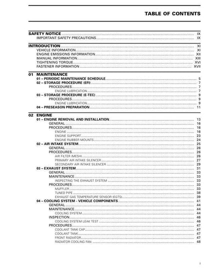 Skidoo MXZ Snowmobile Service Manual table of contents