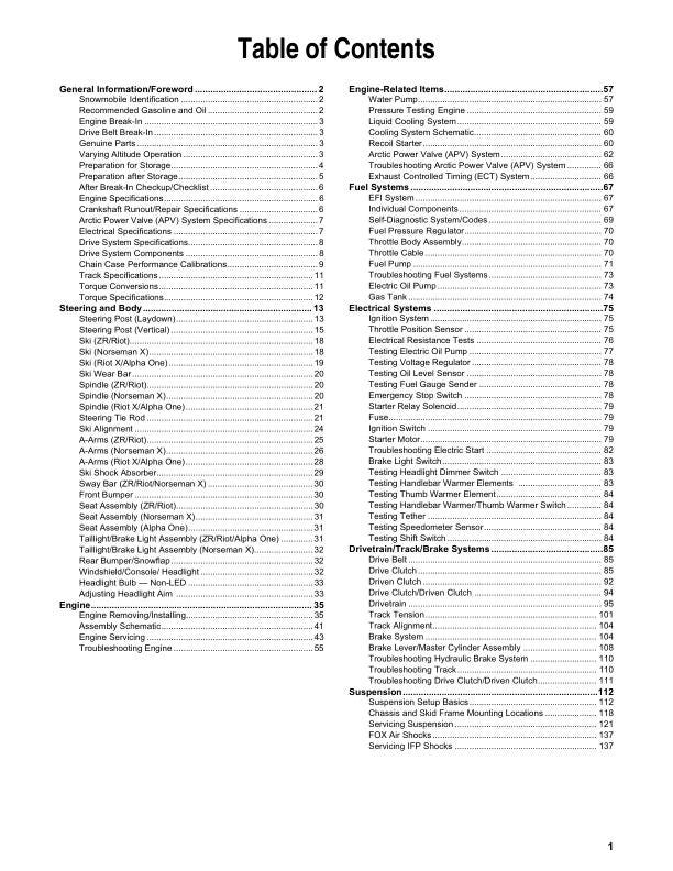Arctic Cat ZR Riot Norseman M Alpha One 8000 Snowmobile Service Manual table of contents