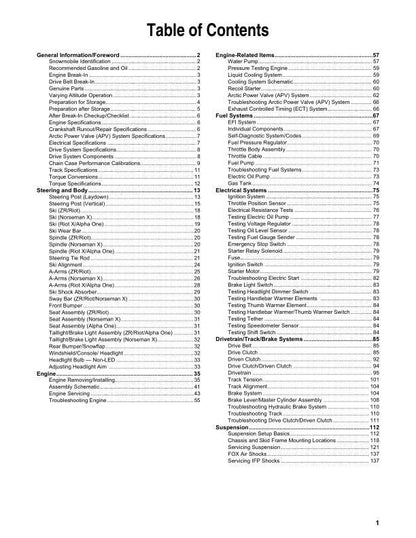 Arctic Cat ZR Riot Norseman M Alpha One 8000 Snowmobile Service Manual table of contents
