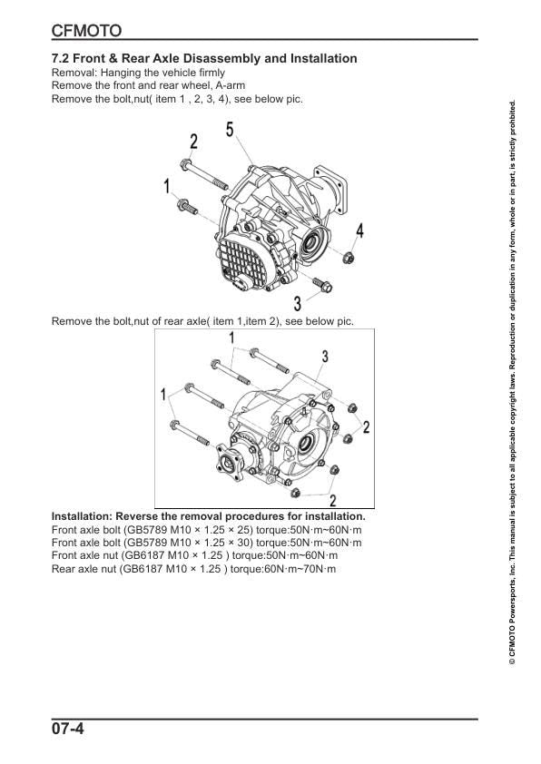 CFMOTO UFORCE 500 UTV Service Manual sample page with diagrams and specifications