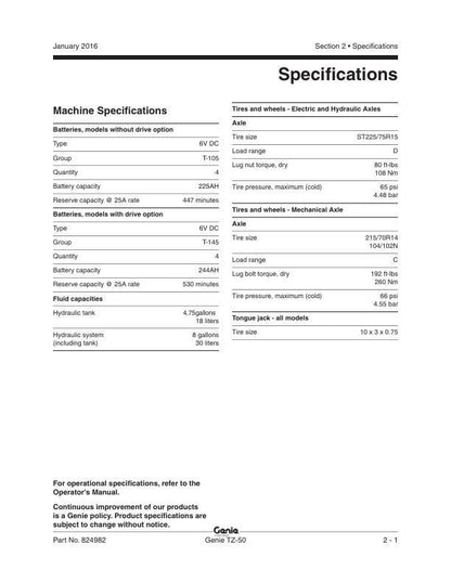 Genie TZ 50 Towable Aerial Lift Service Manual table of contents