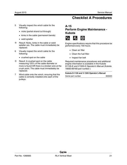 Genie RL 4 Gas Powered Light Tower Service Manual sample page showing repair procedures