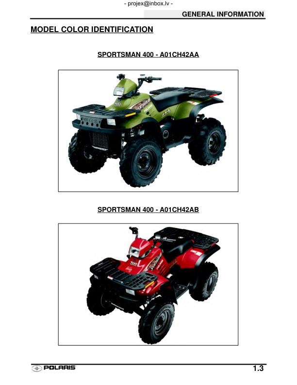 Polaris Sportsman 400 500 ATV Service Manual table of contents