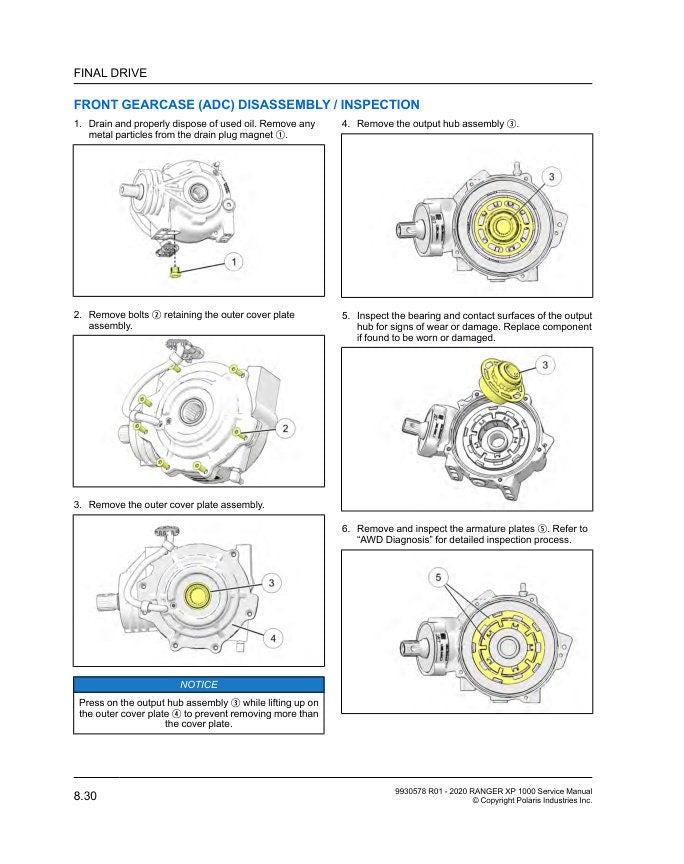 Polaris Ranger XP 1000 UTV Service Manual sample page with service data and tables