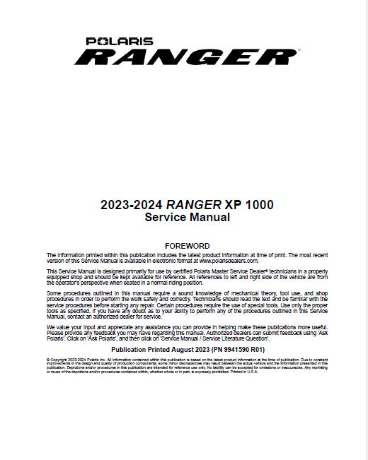 Polaris Ranger XP 1000 UTV Service Manual factory service manual title page
