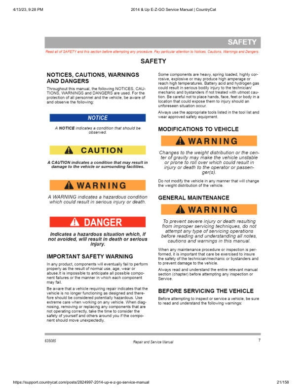 EZGO Express S4 48V Golf Cart Service Manual sample page with diagrams and specifications