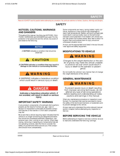EZGO Express S4 48V Golf Cart Service Manual sample page with diagrams and specifications