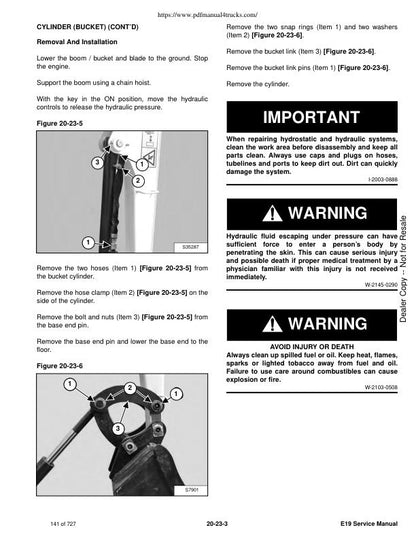 Bobcat E19 Compact Excavator Service Manual sample page with diagrams and specifications