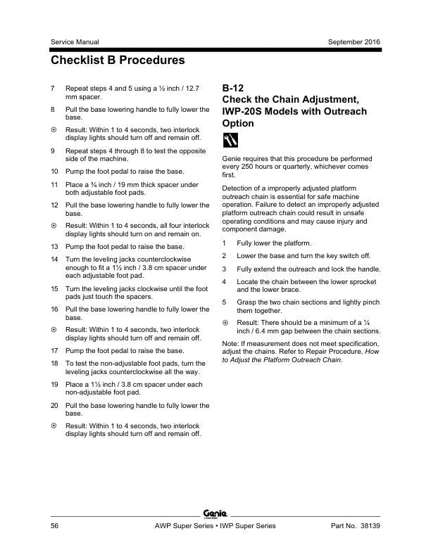Genie AWP IWP Super Series Lift Service Manual sample page showing repair procedures