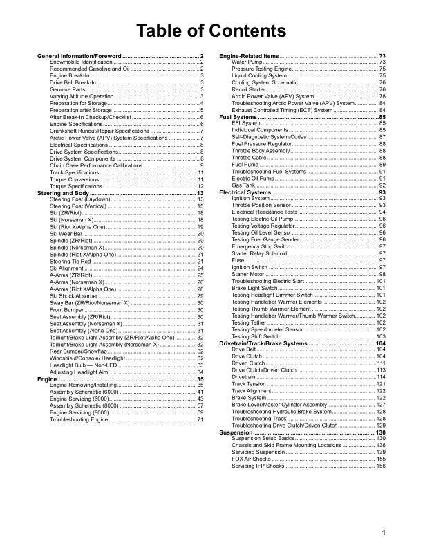 Arctic Cat ZR Norseman Riot M Alpha One 6000 8000 Snowmobile Service table of contents