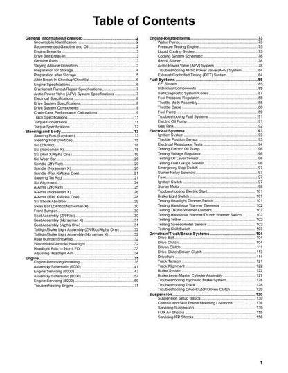 Arctic Cat ZR Norseman Riot M Alpha One 6000 8000 Snowmobile Service table of contents