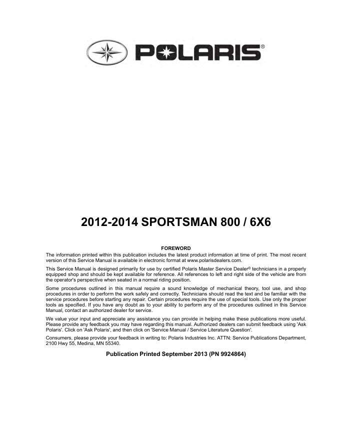 Polaris Sportsman 800 EFI ATV Service Manual factory service manual title page