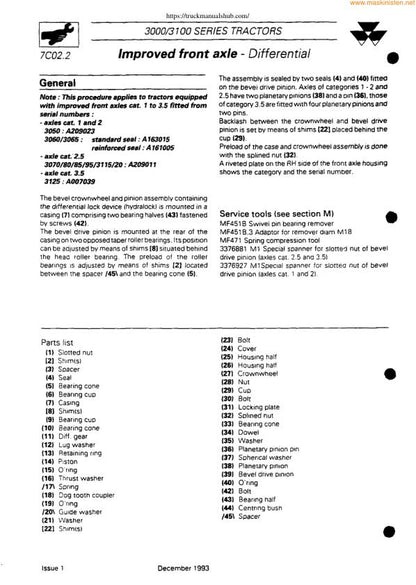 Massey Ferguson MF 3050 3060 3065 Tractor Service Manual sample page with service data and tables