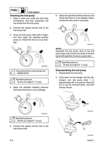 Yamaha F80B F100D Outboard Service Manual sample page with diagrams and specifications